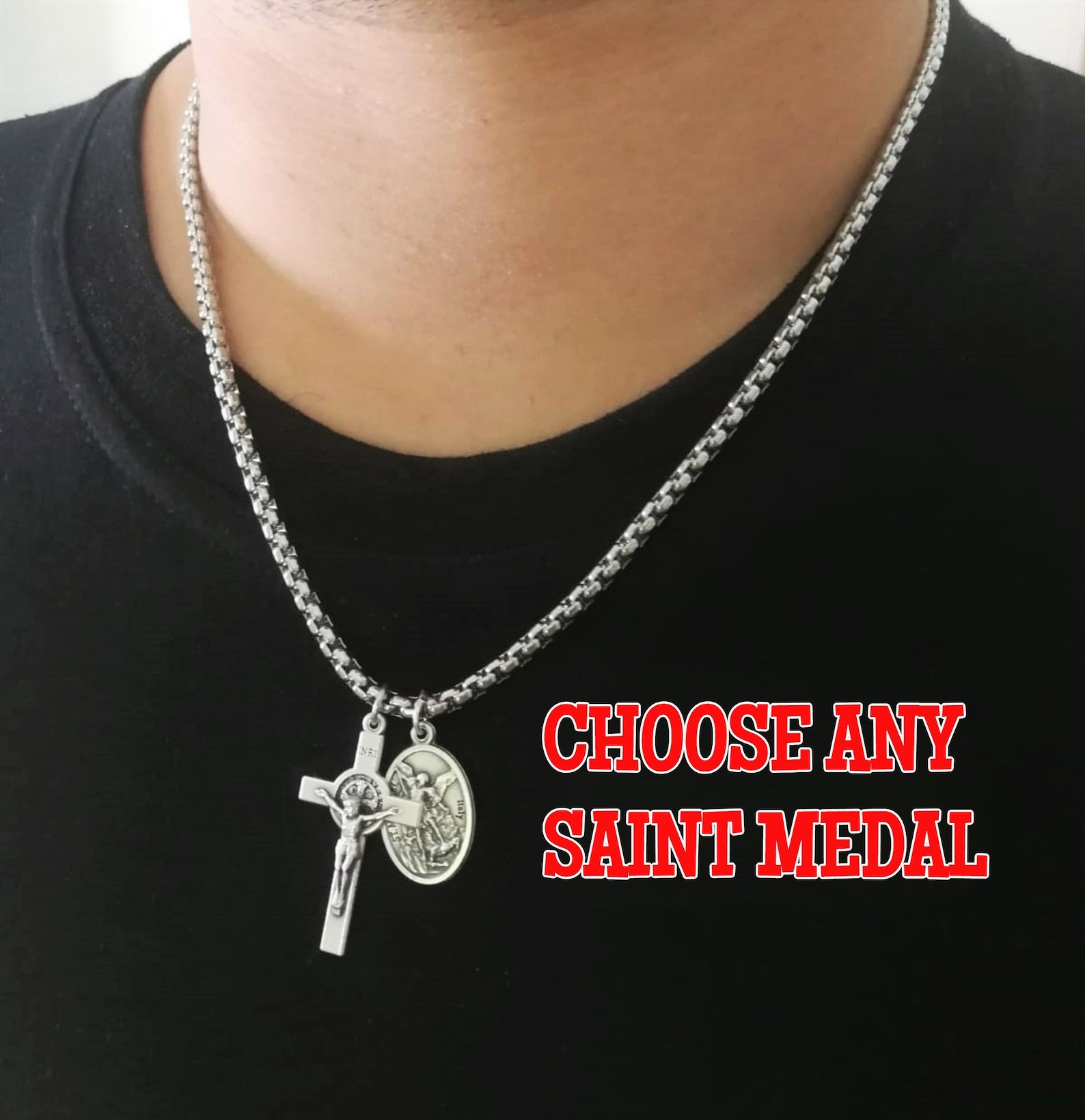 Religious Chain Cross Necklace Catholic Saint Medal Mens Etsy Australia