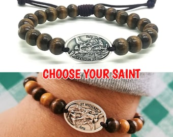 St Michael Bracelet, Catholic Bracelet, All Saints, Religious Gift Men, Wooden Beads, St Michael Archangel, Guardian Angel, Choose Saint