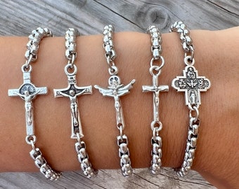 Catholic Cross Medal Bracelet, Crucifix Charm Pendant, Stainless Steel Jewelry, CHOOSE CROSS MEDAL