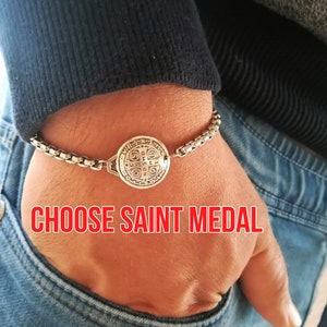 Religious Chain Bracelet Catholic Saint Medal Men Womens Christian Jewelry Gift St Michael Benedict Peregrine Christopher Padre Pio Therese