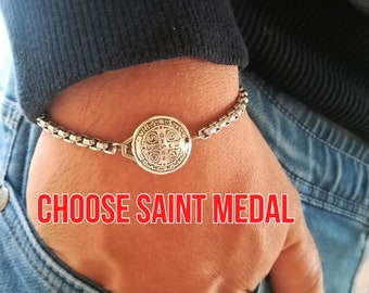 Religious Chain Bracelet Catholic Saint Medal Men Womens Christian Jewelry Gift St Michael Benedict Peregrine Christopher Padre Pio Therese