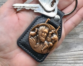 Saint St Joseph Keychain Medal Charm Pendant Catholic Accessories Father Son Gift Father&#39;s Day Leather Religious