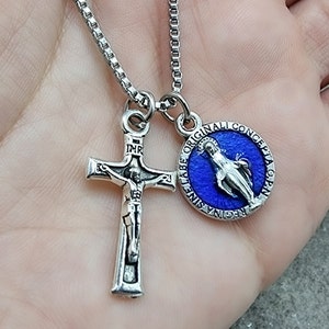 Catholic Cross Pendant Necklace, Blue Miraculous Medal Charm Necklace, Catholic Jewelry For Men Women Kids Adults, Religious Birthday Gifts