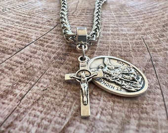 Saint Michael Catholic Necklace Pendant St Benedict Cross Medal Stainless Steel Chain Choose Your Saint Peregrine Joan Of Arc Sebastian Anne
