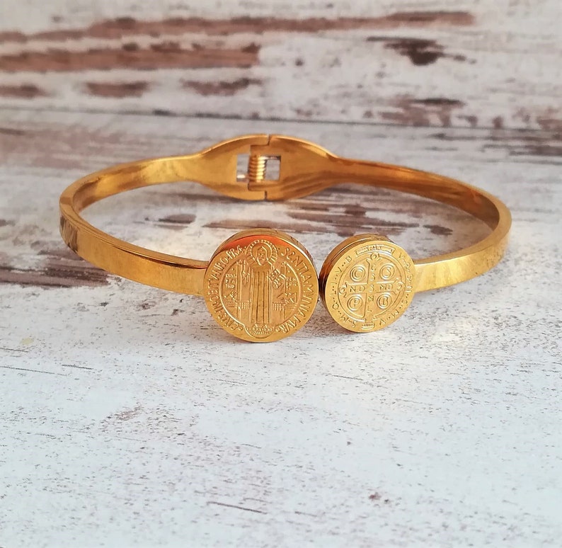 St Benedict Bangle Bracelet Catholic Gift Women Stainless Etsy