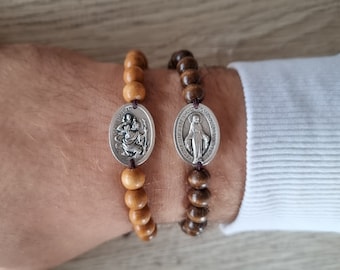 Wooden Prayer Beads Catholic Saints Bracelet For Men Women, St Christopher Michael Miraculous Charbel Divine Mercy Benedict