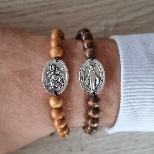 Wooden Prayer Beads Catholic Saints Bracelet For Men Women, St Christopher Michael Miraculous Charbel Divine Mercy Benedict