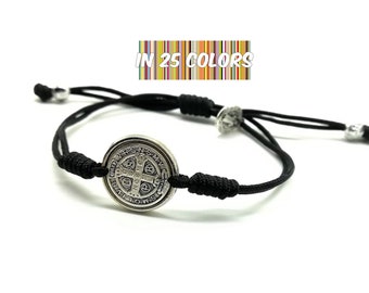 Pulsera de medalla de tono de plata de San Benito, pulsera católica para hombres y mujeres, pulsera ajustable, joyería cristiana, pulsera de santo