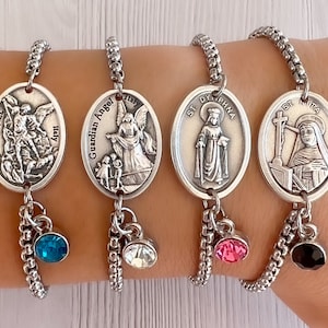 Katholieke armband voor mannen vrouwen kinderen, kies heilige en geboortesteen, religieus cadeau voor haar hem oma, St Dymphna Charbel Rita Jude Michael