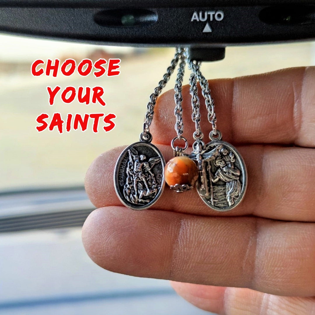 Rear View Mirror Saints and Cross Hanger Driving Vehicle Hanging Charm Catholic Gift Men Women