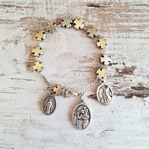 Bracelet With Three Charms, Rosary Bracelet, St Michael St Christopher Miraculous Medal, One Decade Rosary, Blessing Bracelet
