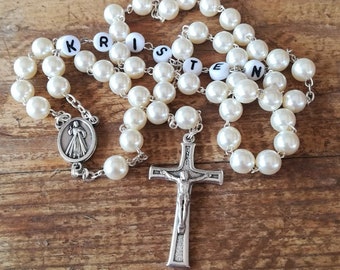 Personalized wedding rosary, catholic rosary, rosary necklace, rosary for women, personalized gift, virgin mary rosary, white pearl rosary