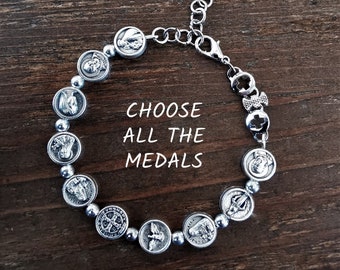 Custom Catholic Bracelet / Saint Bracelet / Adjustable Chain Bracelet / Religious Bracelet / Saints Medals / For Men Women Teens