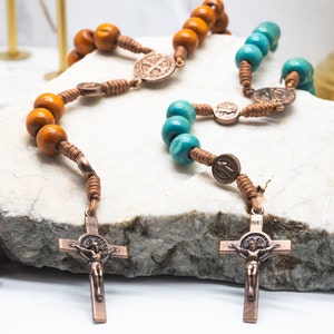 St Benedict Wooden Prayer Beads Rosary Chaplet Catholic Handmade Gifts For Men Women Patron Saint San Benito Rosario Medal Charm Protection