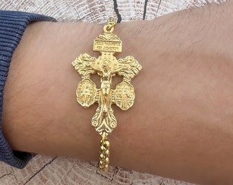 Pardon Crucifix Cross Golden Chain Gold Bracelet Catholic Jewelry Religious Gift For Men Women Boys Girls Confirmation Communion