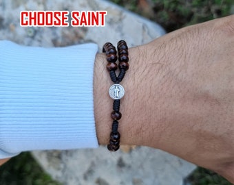 Handmade Saint medal rosary bracelet tiny wood beads, chaplet rosary, men women kids Catholic rosary bracelet gifts, Custom rosary bracelet