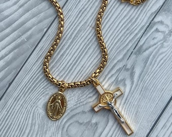 Saint Benedict Cross Gold Golden Catholic Necklace Miraculous Charm Medal Pendant Confirmation Gift For Boys Girls Religious Gift For Women