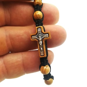Olive Wood Cross Bracelet, Wooden Beads Rosary Bracelet, Jesus Bracelet, Adjustable Cord Bracelet, Cross Bracelet, Sideways Cross Charm image 1