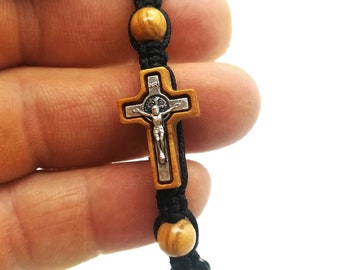 Olive Wood Cross Bracelet, Wooden Beads Rosary Bracelet, Jesus Bracelet, Adjustable Cord Bracelet, Cross Bracelet, Sideways Cross Charm