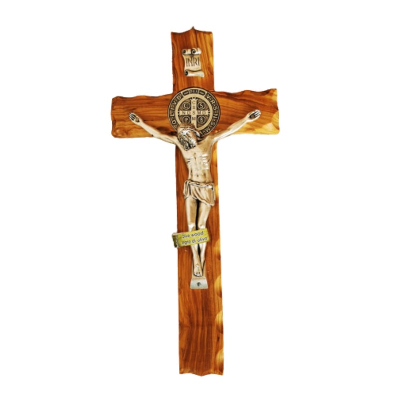 Olive Wood Wall Hanging Cross With Crucifix St Benedict Etsy