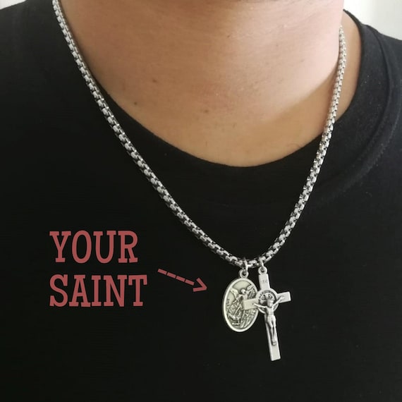 Catholic Cross Chain Necklace Reversible Saint Pendant Men - Etsy