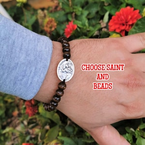 Wooden Beads Catholic Bracelet Patron Saint Medal - St Gerard Dymphna Thomas Agatha George Joan of Arc Mary Magdalene Rita Raphael Archangel