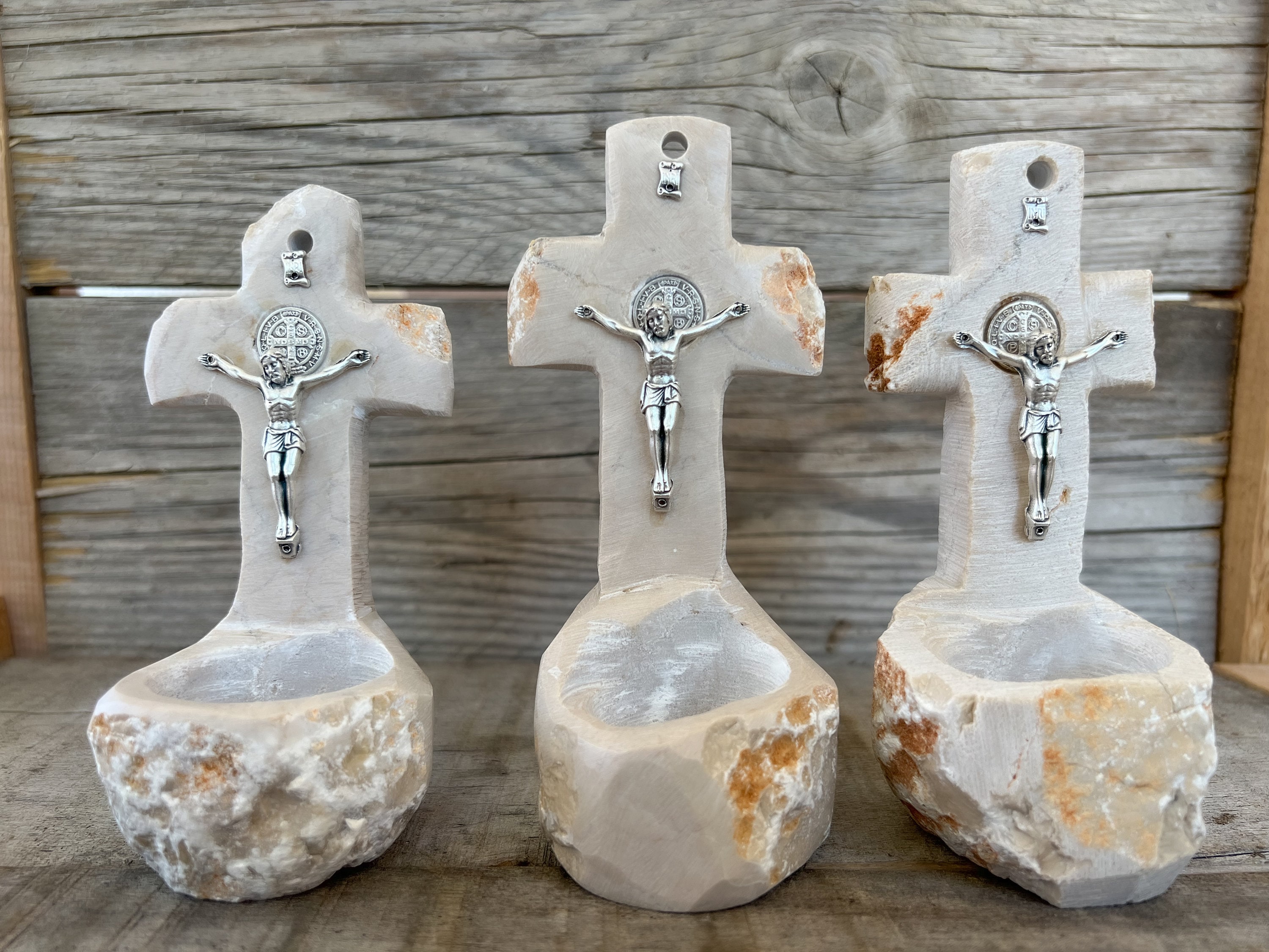 Holy Water Font Container Natural Stone Cross Catholic Home Decor