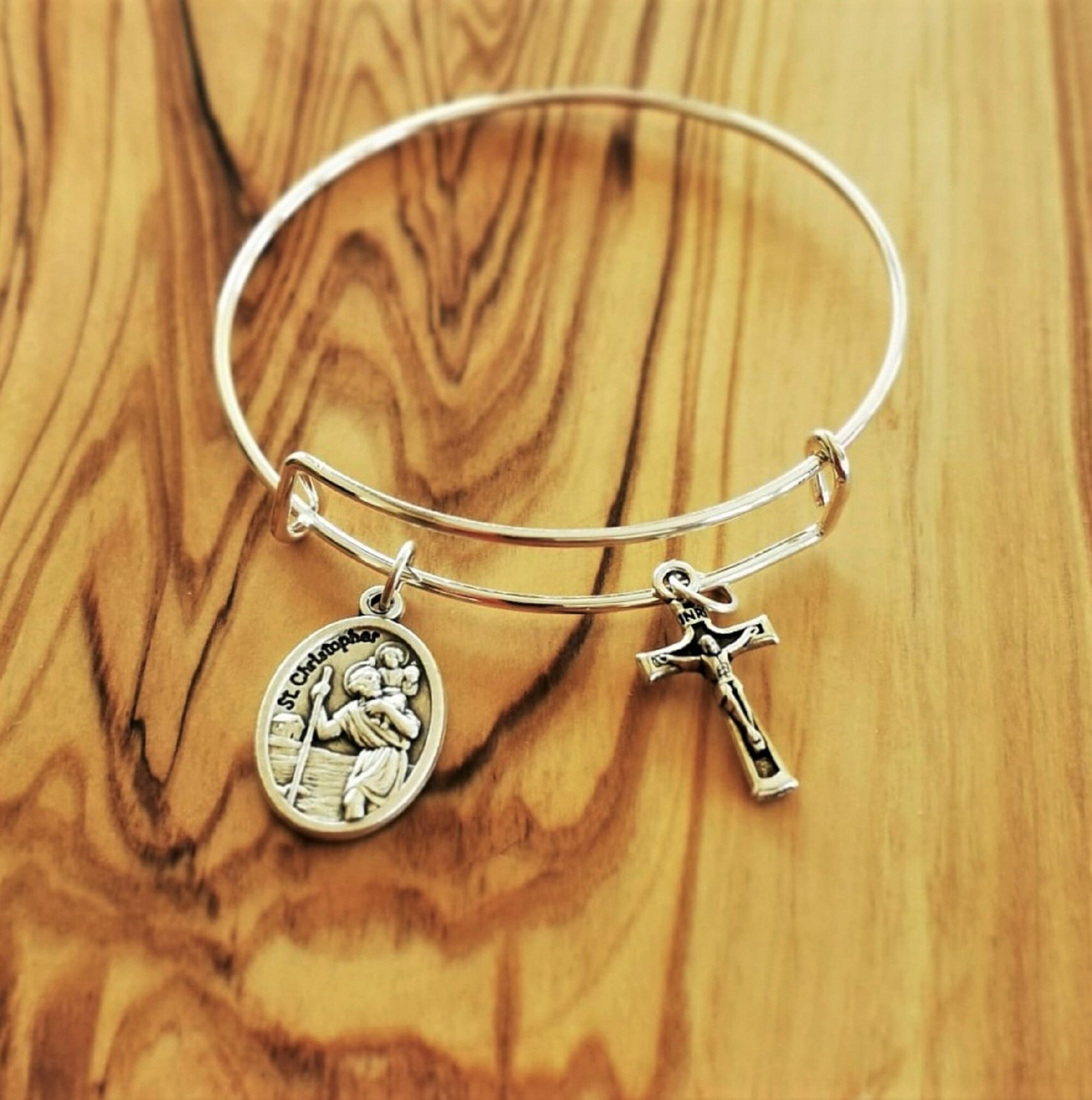 Religious Bangle Bracelet Catholic Saint Medal Girl Women Etsy