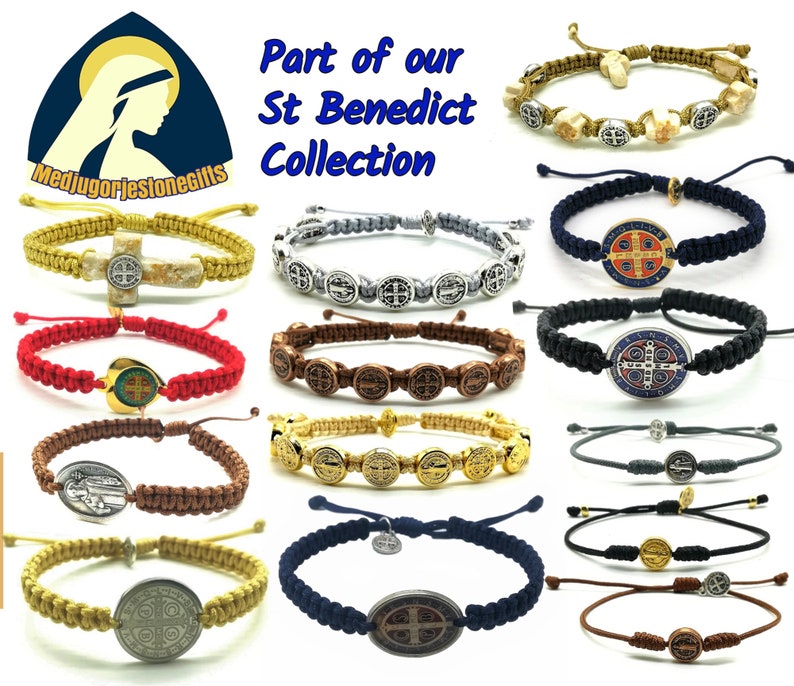 Pu&ograve; includere: Una collezione di 10 braccialetti di San Benedetto con cordini e medaglioni di diversi colori. I braccialetti presentano una variet&agrave; di design, tra cui una croce, un cuore e un medaglione rotondo con una preghiera. I braccialetti fanno parte della collezione Medjugorje Stone Gifts.