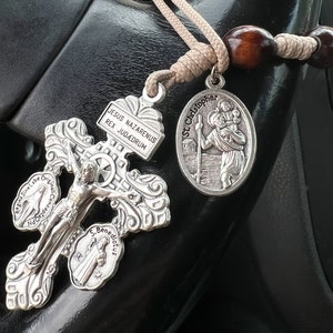 Steering Wheel Gearbox Catholic Car Accessories Rosary Pardon Crucifix And Patron Saint Wooden Prayer Beads Drivers Gift Travel Protection