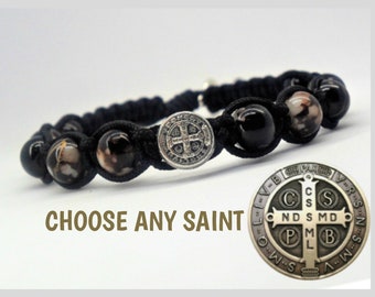 Sint-Benedictus zwarte kralenarmband voor mannen of vrouwen, christelijke geschenken voor hem en haar, verstelbare geweven armband, katholieke heiligenarmband