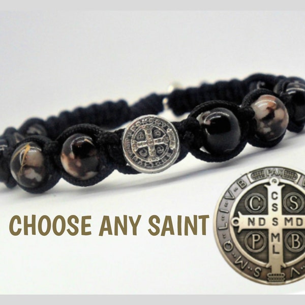 St Benedict black beads bracelet for men or women, christian gifts for him and her, adjustable woven bracelet, catholic saints bracelet