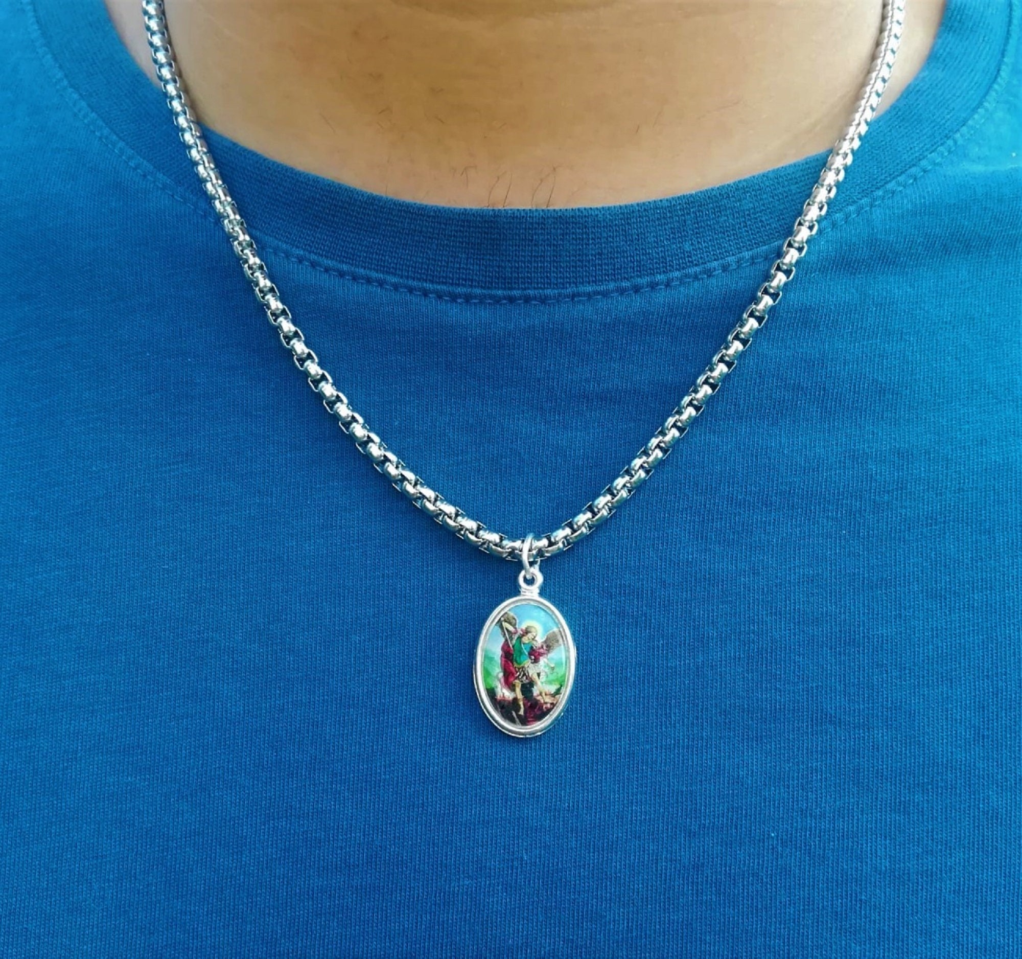 Collana con medaglia dell'Arcangelo San Michele per donna Uomo Catena in acciaio inossidabile