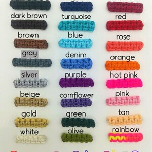 May include: Color samples of various shades of cord, including black, navy blue, merlot, dark brown, turquoise, red, brown, blue, rose, gray, denim, orange, silver, purple, hot pink, beige, cornflower, pink, gold, green, tan, white, olive, and rainbow. The text "COLOR SAMPLES" is at the bottom of the image.
