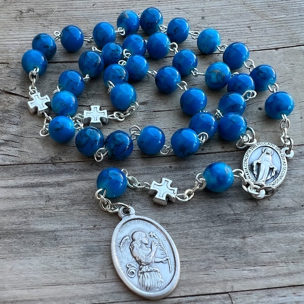 Saint Gabriel The Archangel Chaplet, Gift For Postman, Patron Saint Postal Workers, Blue Chaplet Rosary, Guardian Angel Medal Pendant Charm