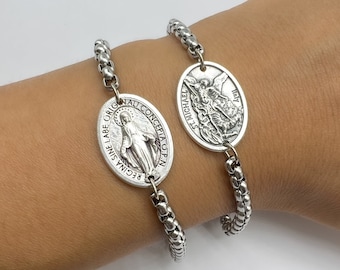 Catholic Protection Jewelry Gift, Stainless Steel Bracelet With Saint Medal, St Michael Virgin Mary Christopher Raphael George Joan Of Arc