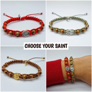Custom Saint Catholic Bracelet, Wooden Beads Bracelet, Choose Your Saint, St Gerard, St Michael, Miraculous Medal, Cross Charm, St Anthony