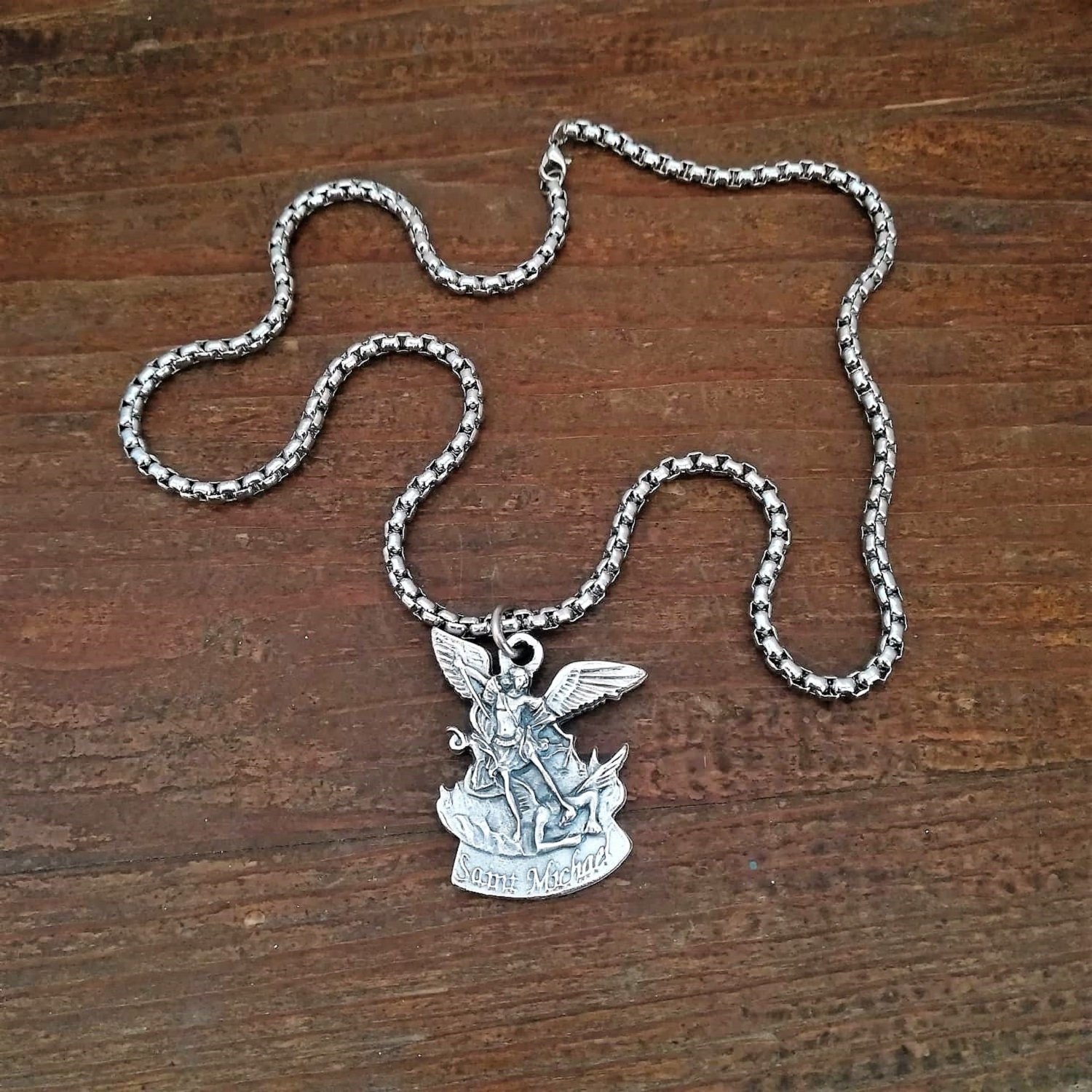 St Michael Necklace Mens Catholic Necklace Religious Etsy