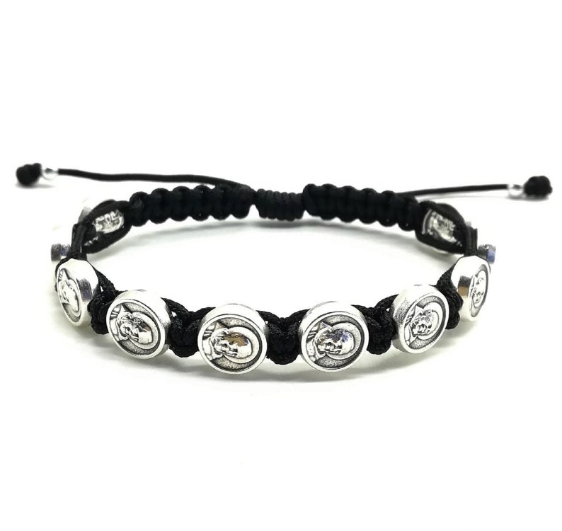 Saint Padre Pio Medal Bracelet - Black Woven Cord, Adjustable, Catholic Jewelry Gift For Communion & Confirmation - View #5