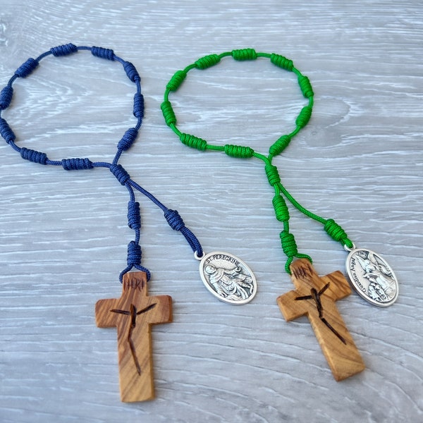 Bracelet noué une décennie, croix catholique en bois d'olivier, chapelet avec breloques dans le rétroviseur, chapelet pour voiture, accessoires de boîte de vitesses sainte médaille