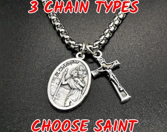 Saint Christopher Men's Necklace, St Christopher Necklace, Stainless Steel Necklace, Necklace With Cross And Charm, Catholic Jewelry For Men