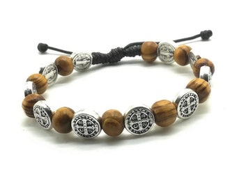 St Benedict olive wood rosary bracelet, adjustable catholic bracelet, san benito bracelet, catholic gift, one decade rosary bracelet