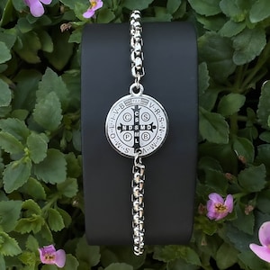 St Benedict Steel Pendant Bracelet, San Benito Medal Charm, Stainless Steel Chain, Catholic Gift For Men Women, Religious Jewelry Gift