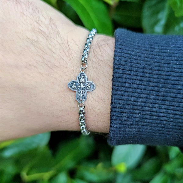 Catholic 4 Way Cross Chain Bracelet Mens Womens Religious Charm - St Joseph, St Anthony, Infant of Prague, St Christopher, Miraculous Medal