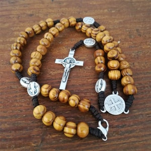 Olive wood St Benedict rosary, catholic rosary, San Benito rosary, mens rosary, rosary necklace, rcia gift, dad rosary, olive wood beads