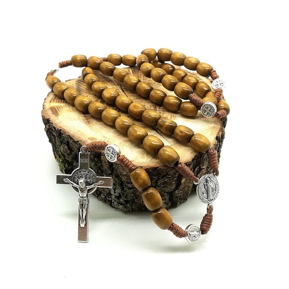 Deep Brown Saint St Benedict Wood Beads Rosary Prayer Crucifix Cross Jerusalem - Foto 4
