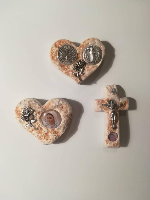 Catholic magnets, Medjugorje handmade magnets, st benedict magnet, cross magnet, heart magnet, catholic gifts, christian saints magnets