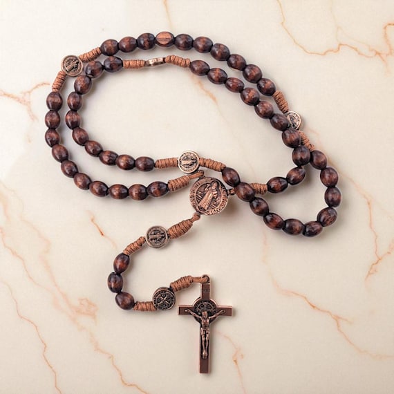 Handmade Catholic Rosary: Benedict Medal, Wooden Beads, Bronze