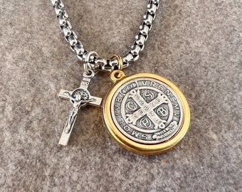 St Benedict Cross Necklace, Saint Benedict Medal Charm Pendant, Holy Family Christopher Divine Mercy, Stainless Steel Necklace Catholic Gift