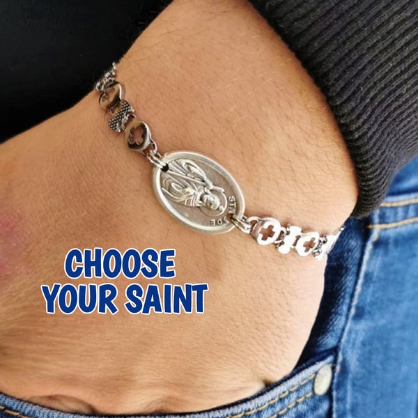 Catholic Chain Cross Bracelet Saint Medal Men Women Religious Jewelry St Jude Michael Benedict Peregrine Anthony Padre Pio - Stainless Steel